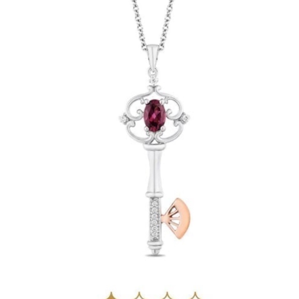 Enchanted Disney Mulan Key Necklace Garnet Gemstone Diamond Rose Gold